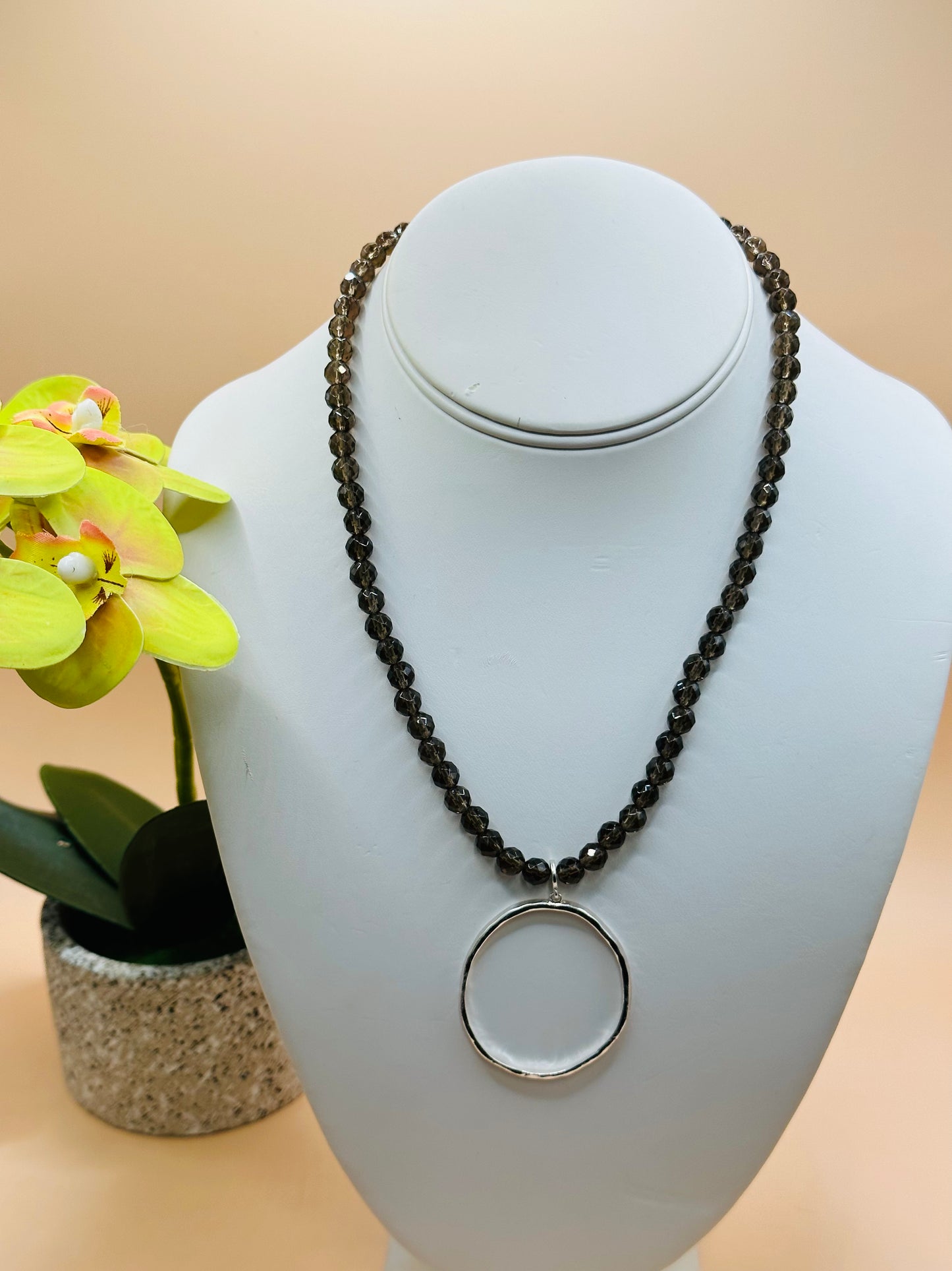 Faceted smokey quartz hammered circle necklace N-176