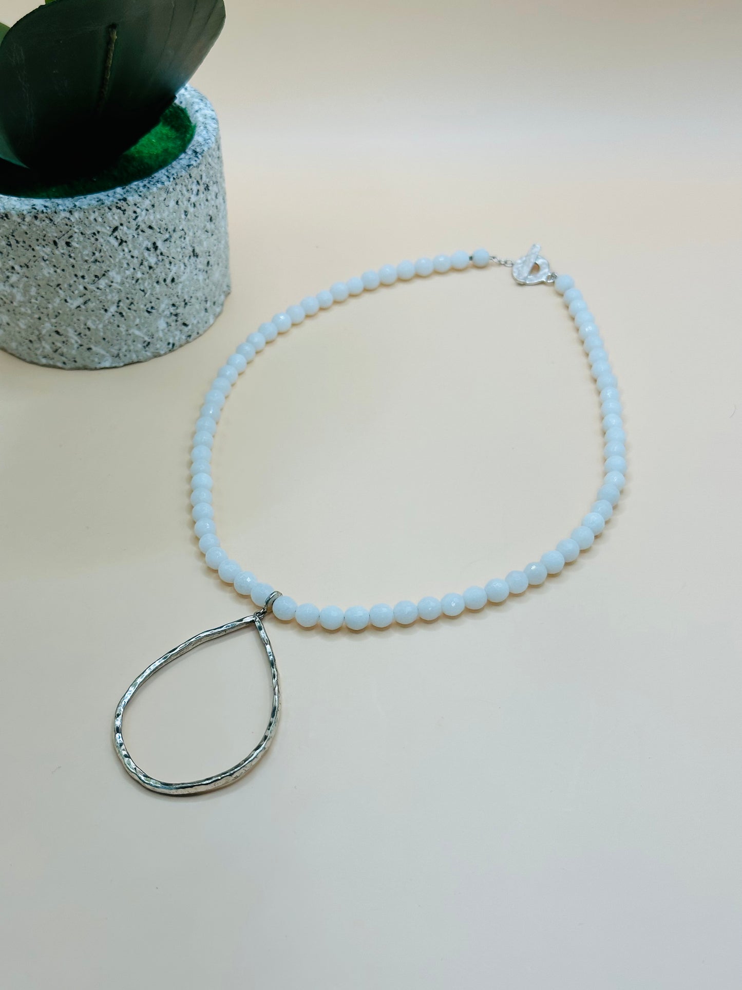 White agate hammered teardrop necklace N-178