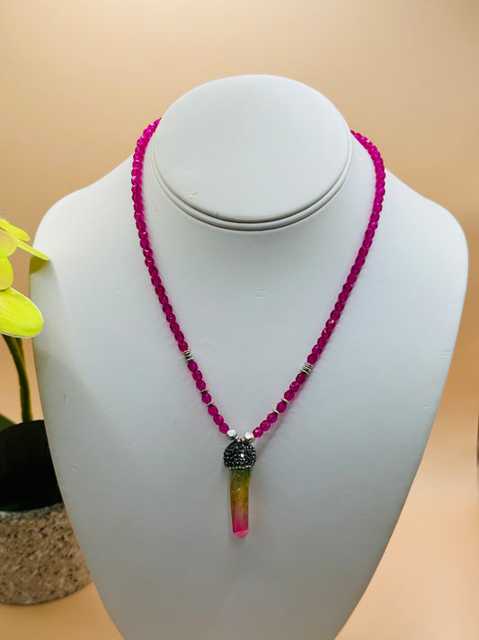 Magenta with black rhinestone drop pendant necklace N-180