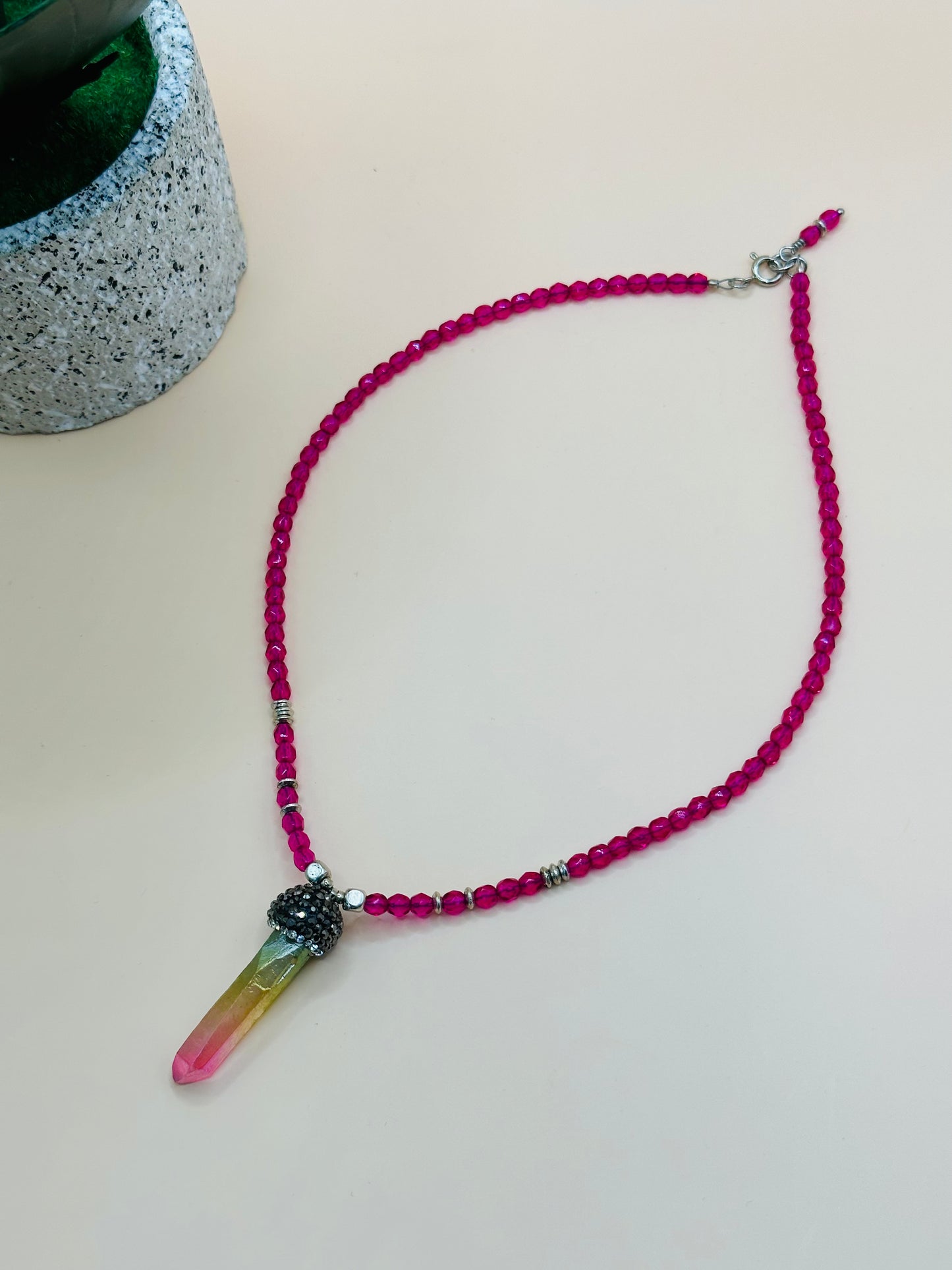 Magenta with black rhinestone drop pendant necklace N-180