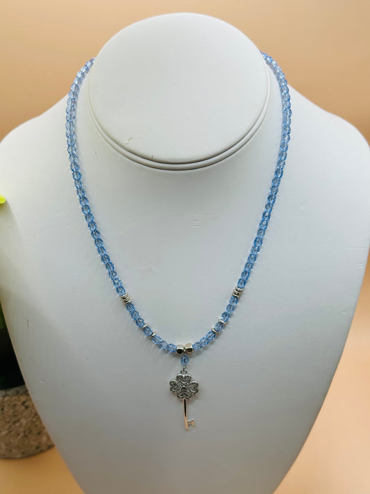 Light blue faceted with key rhinstone charms necklace N-181