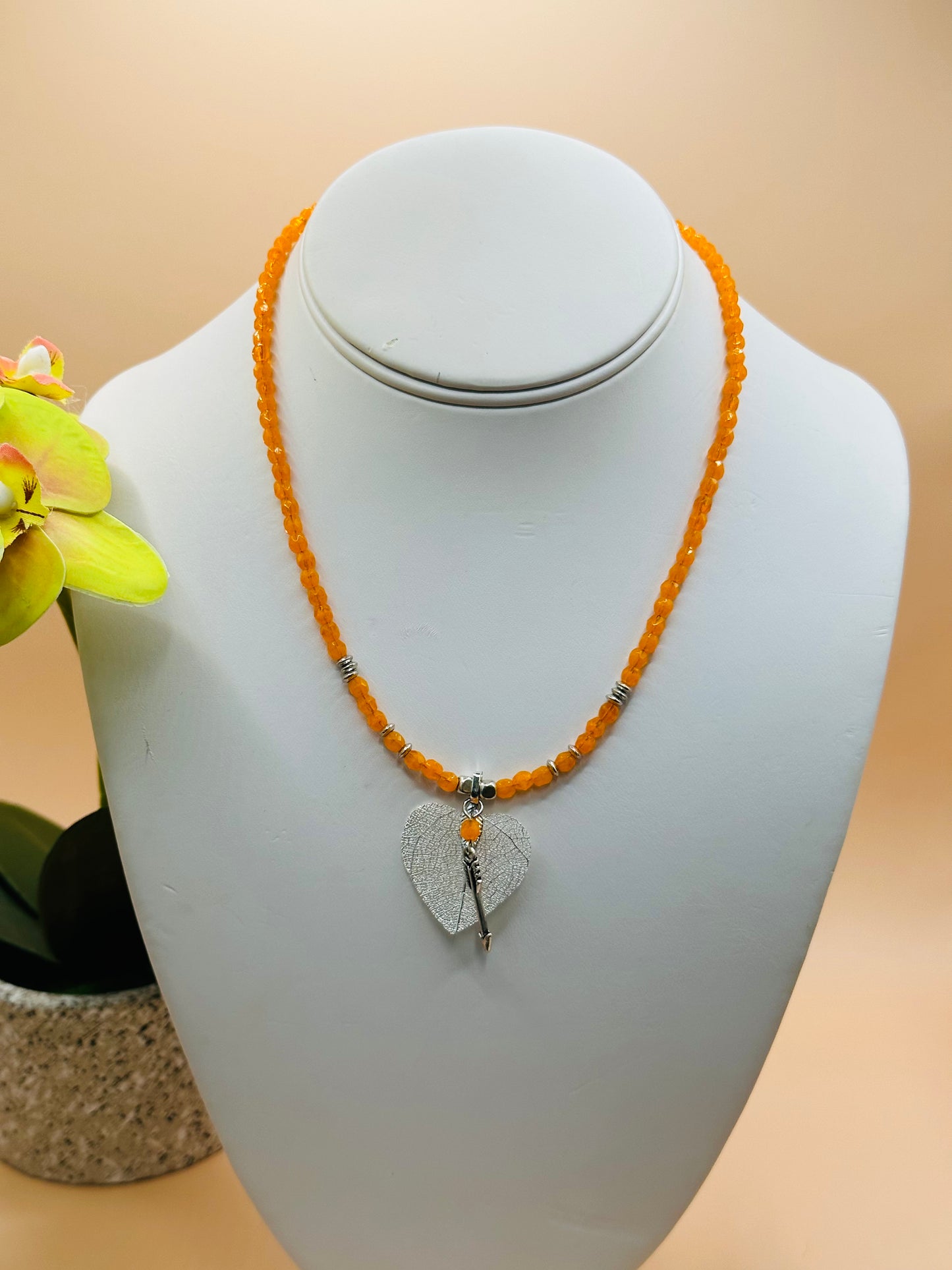 Orange with silver leaf pendant and arrowhead necklace N-182