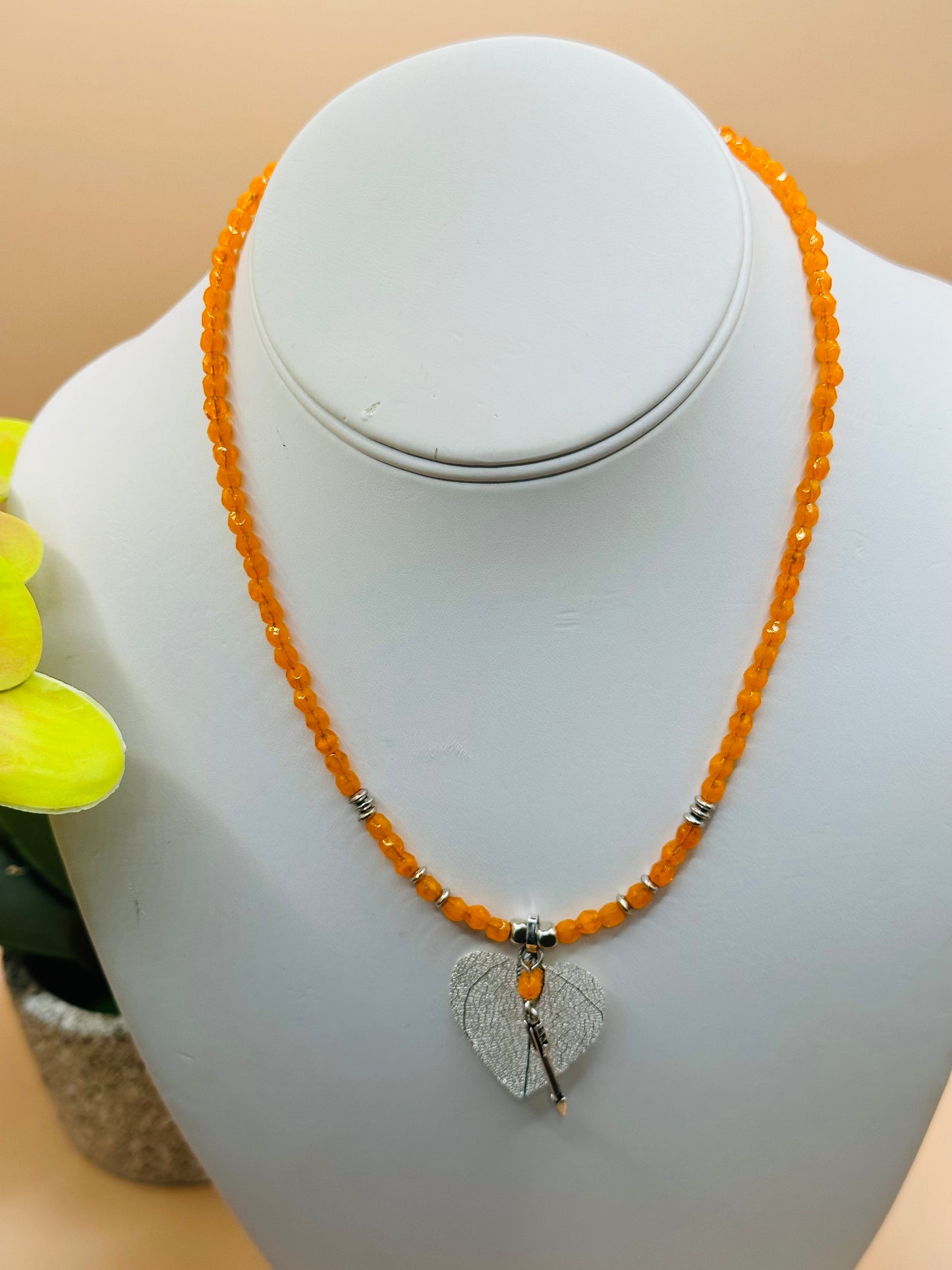 Orange with silver leaf pendant and arrowhead necklace N-182