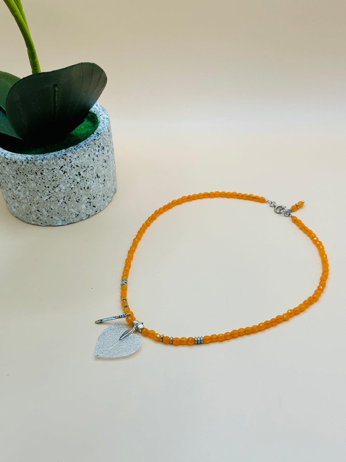 Orange with silver leaf pendant and arrowhead necklace N-182