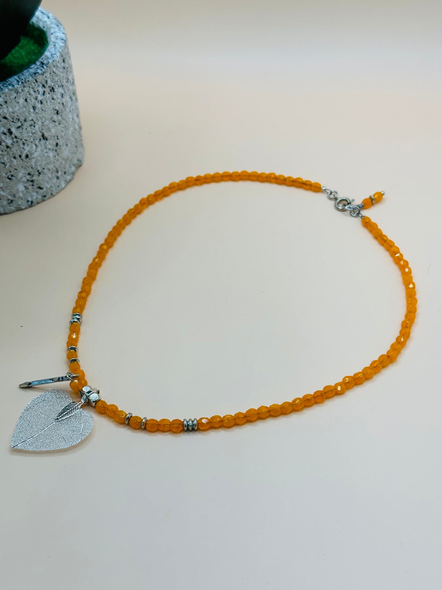 Orange with silver leaf pendant and arrowhead necklace N-182