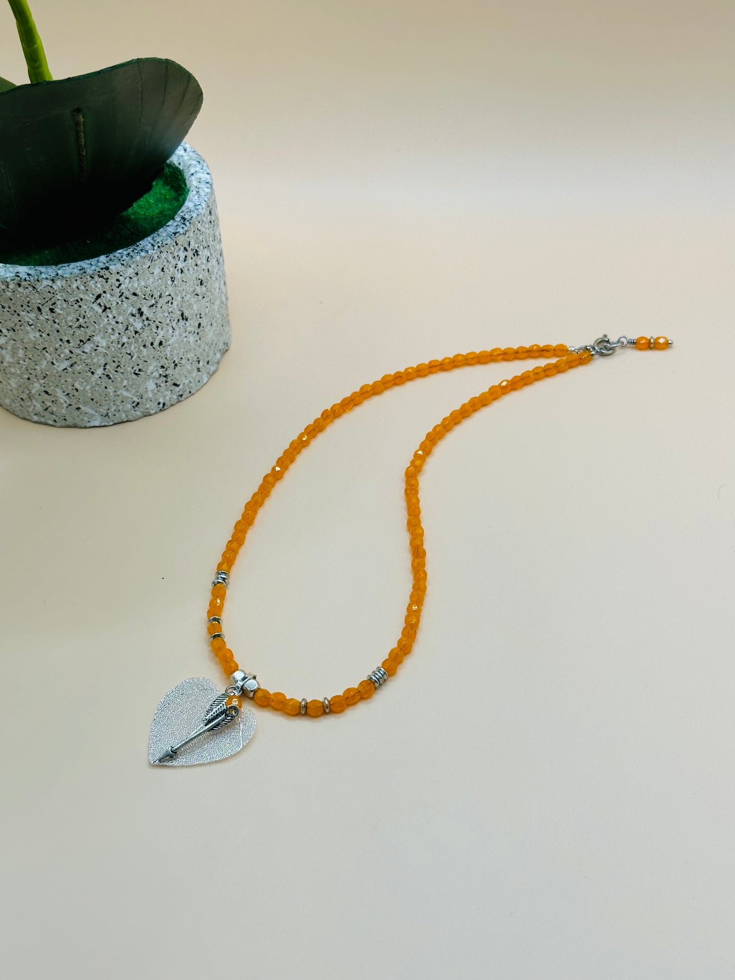 Orange with silver leaf pendant and arrowhead necklace N-182