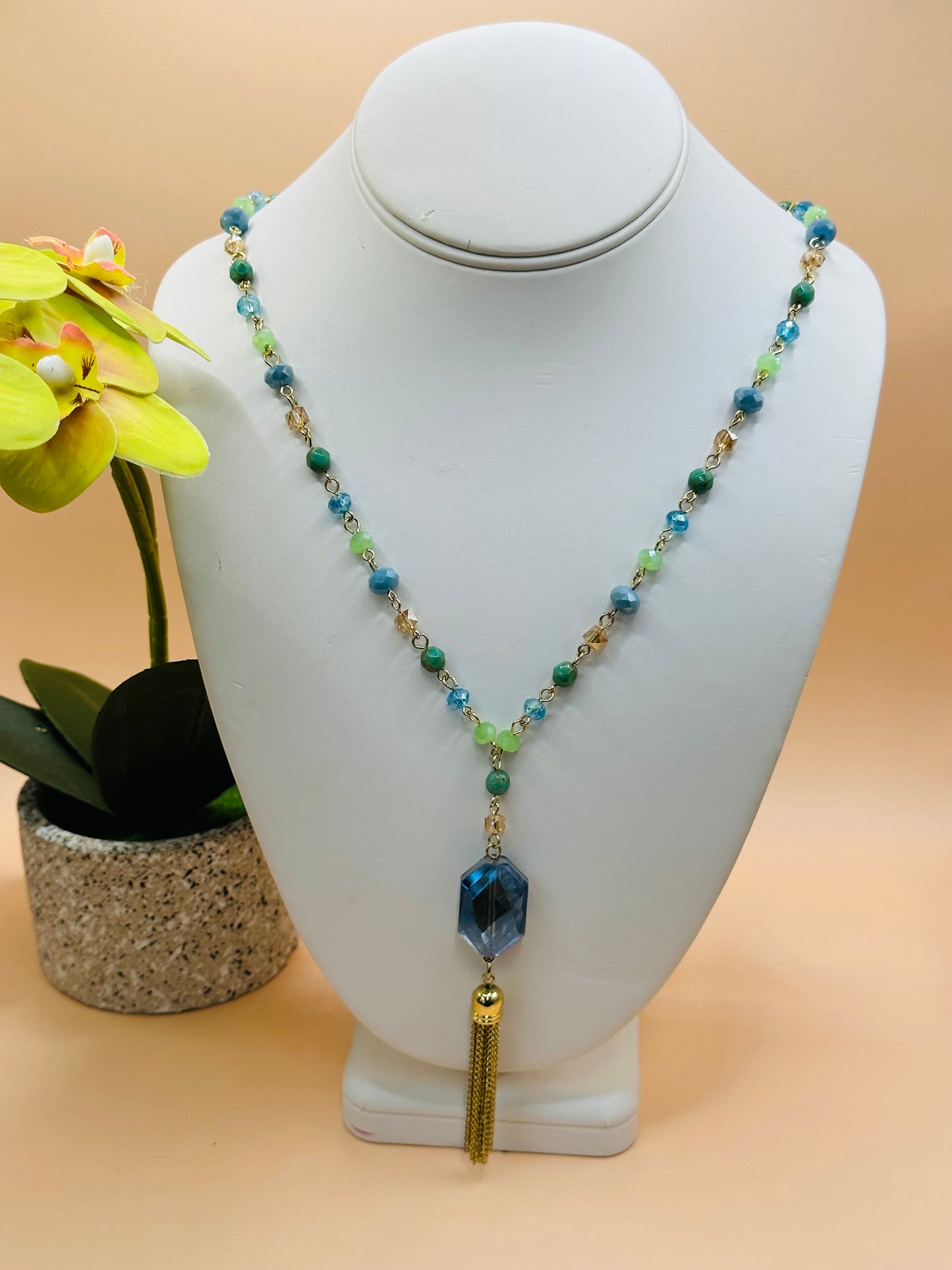 Aqua chain tassel with green mix faceted necklace N-185