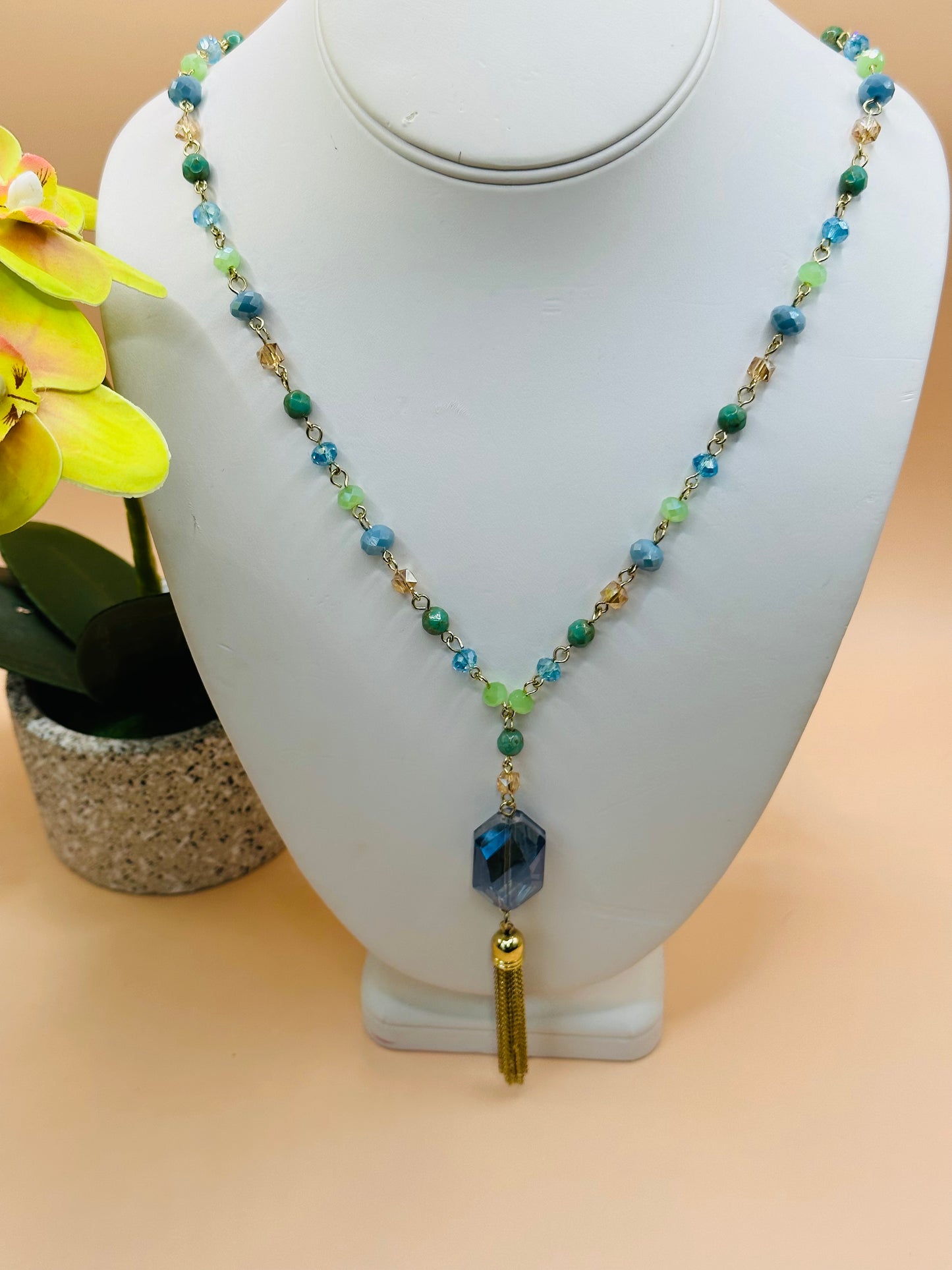 Aqua chain tassel with green mix faceted necklace N-185