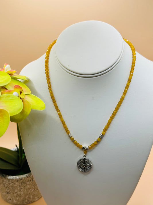 Yellow faceted with rhinestone charms pendant necklace N-188