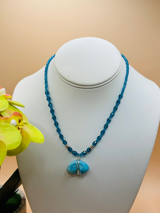 Aqua with stone wire wrap pendant necklace N-192