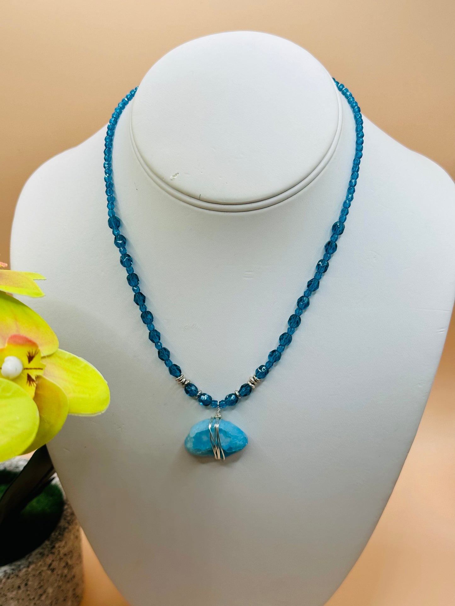 Aqua with stone wire wrap pendant necklace N-192