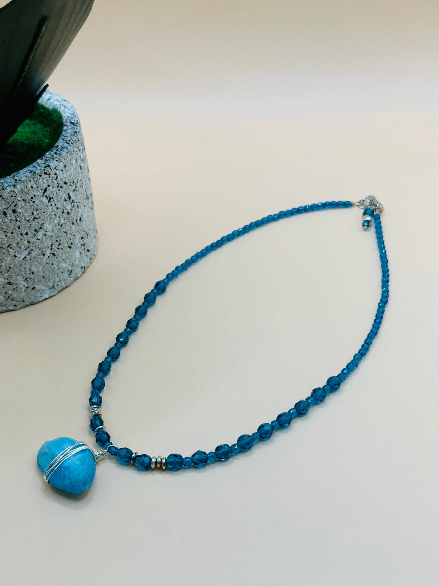 Aqua with stone wire wrap pendant necklace N-192