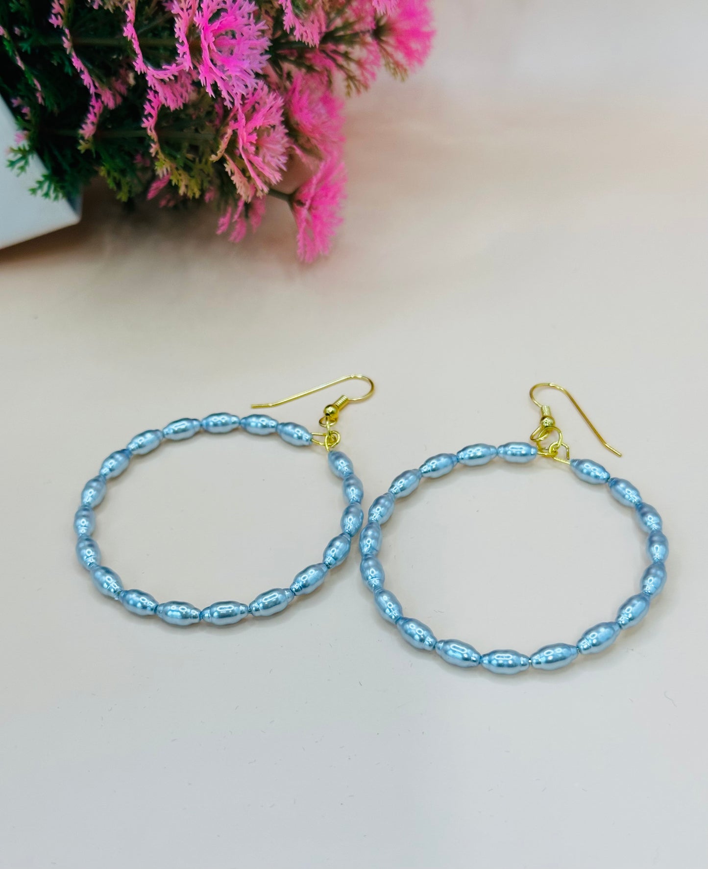 Blue pearls hoops 50mm earrings E-248