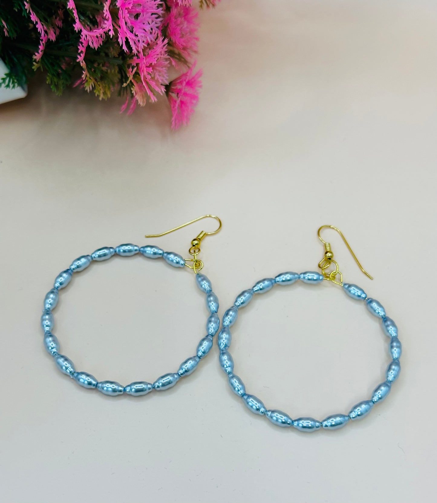 Blue pearls hoops 50mm earrings E-248