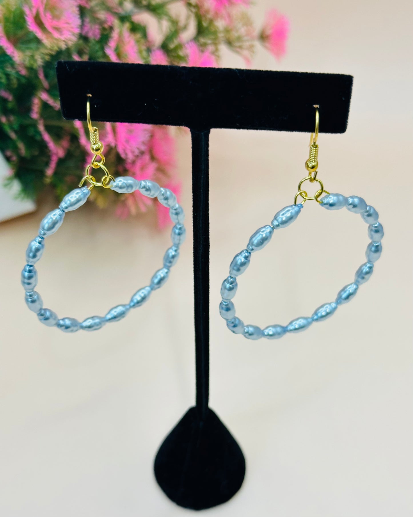 Light blue pearls hoops earrings 45mm E-250