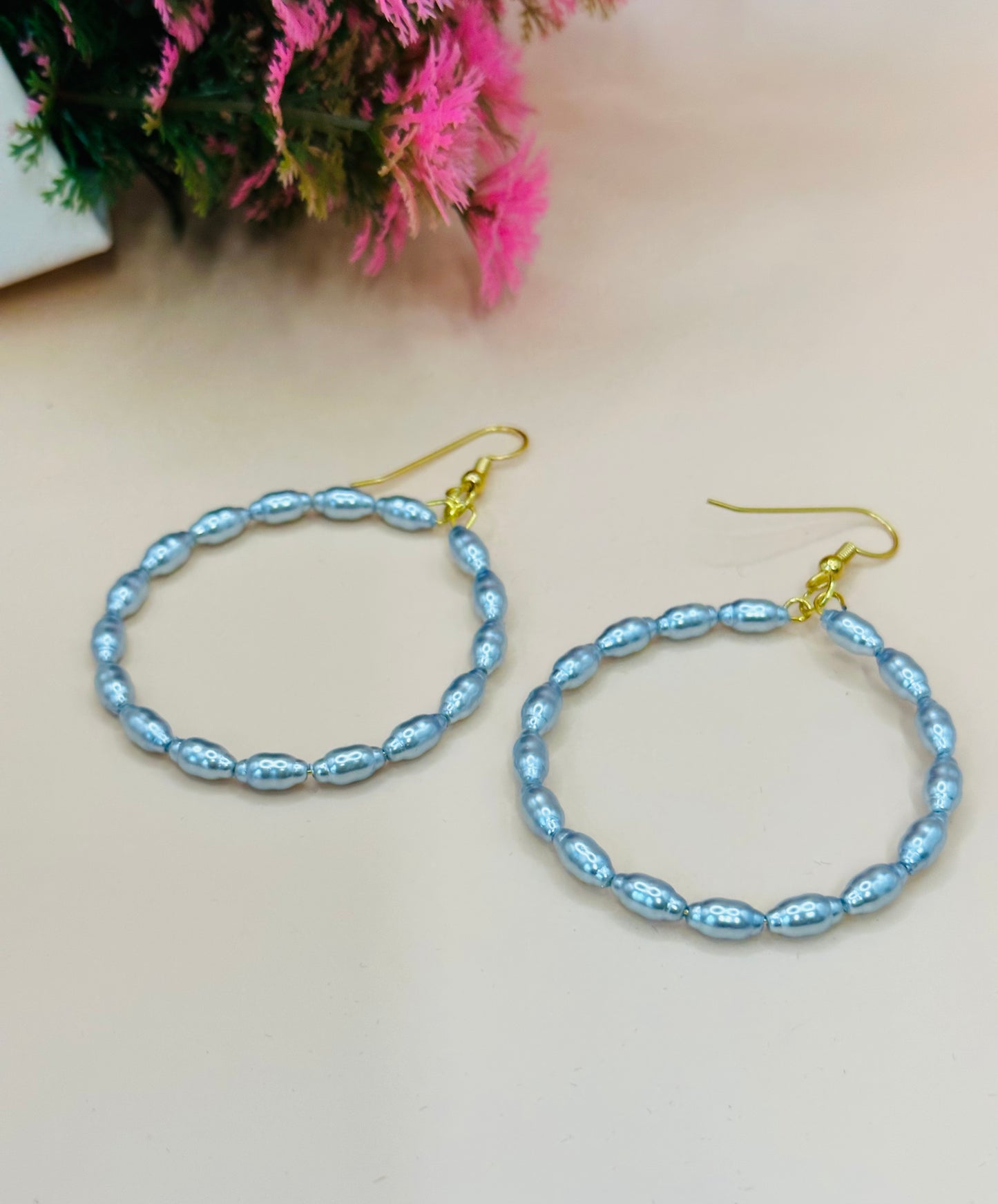 Light blue pearls hoops earrings 45mm E-250