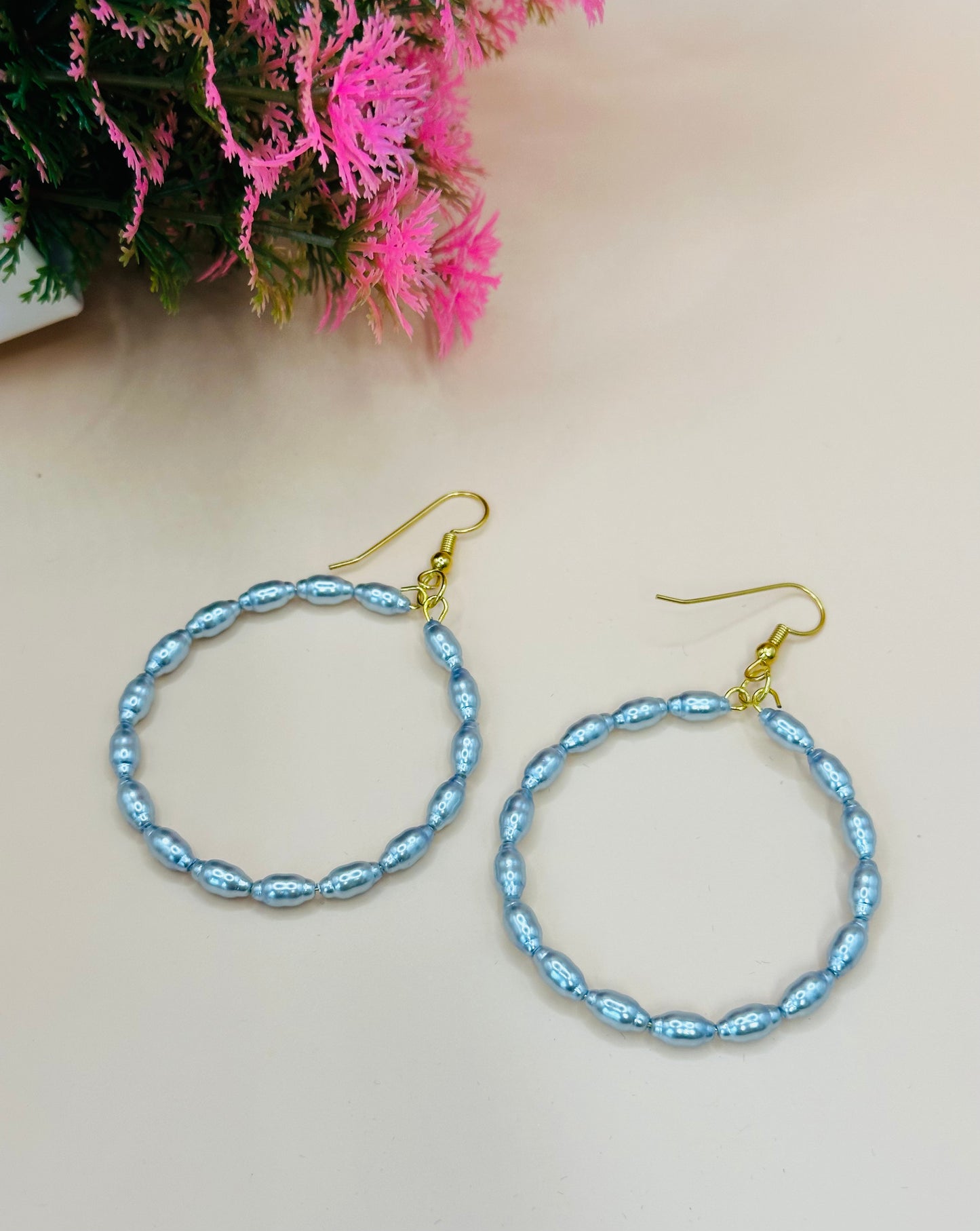 Light blue pearls hoops earrings 45mm E-250