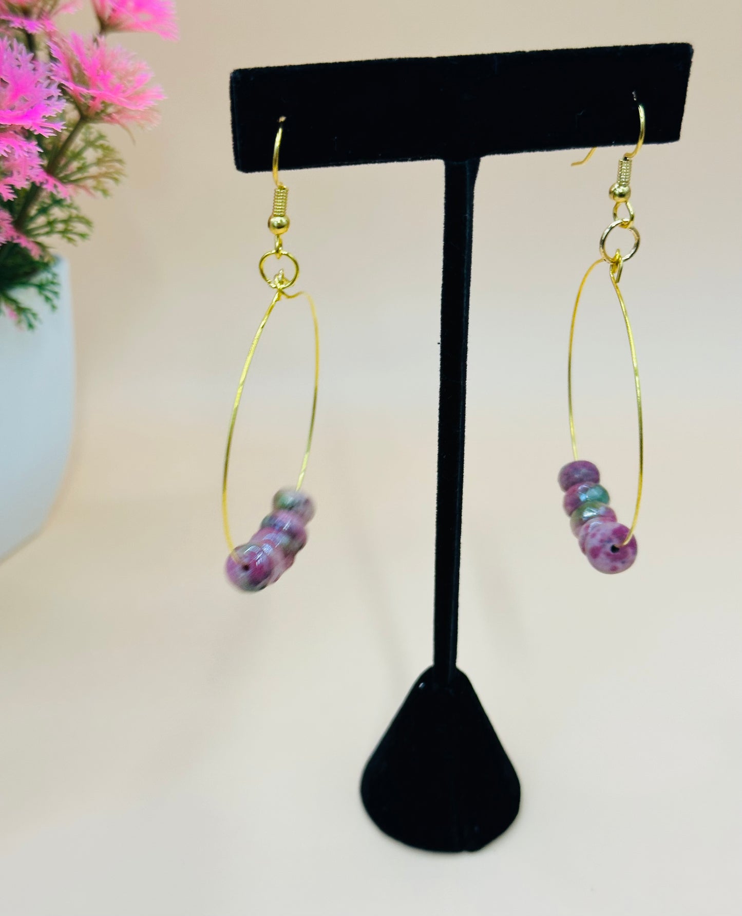 Large hoops earrings purple stone rondel E-251