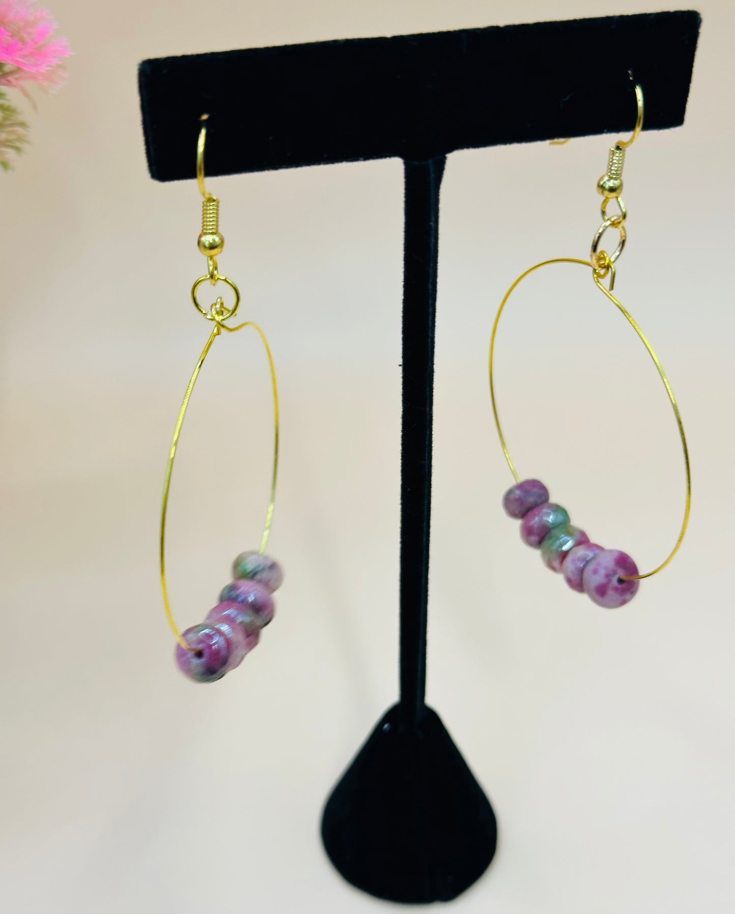 Large hoops earrings purple stone rondel E-251