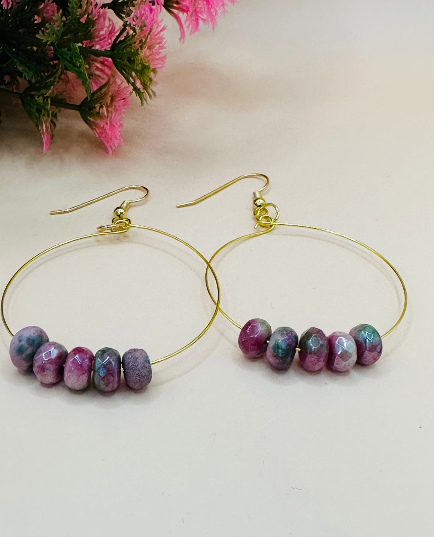 Large hoops earrings purple stone rondel E-251