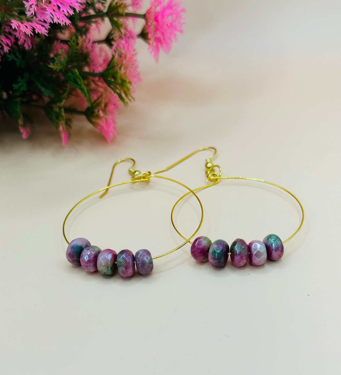 Large hoops earrings purple stone rondel E-251