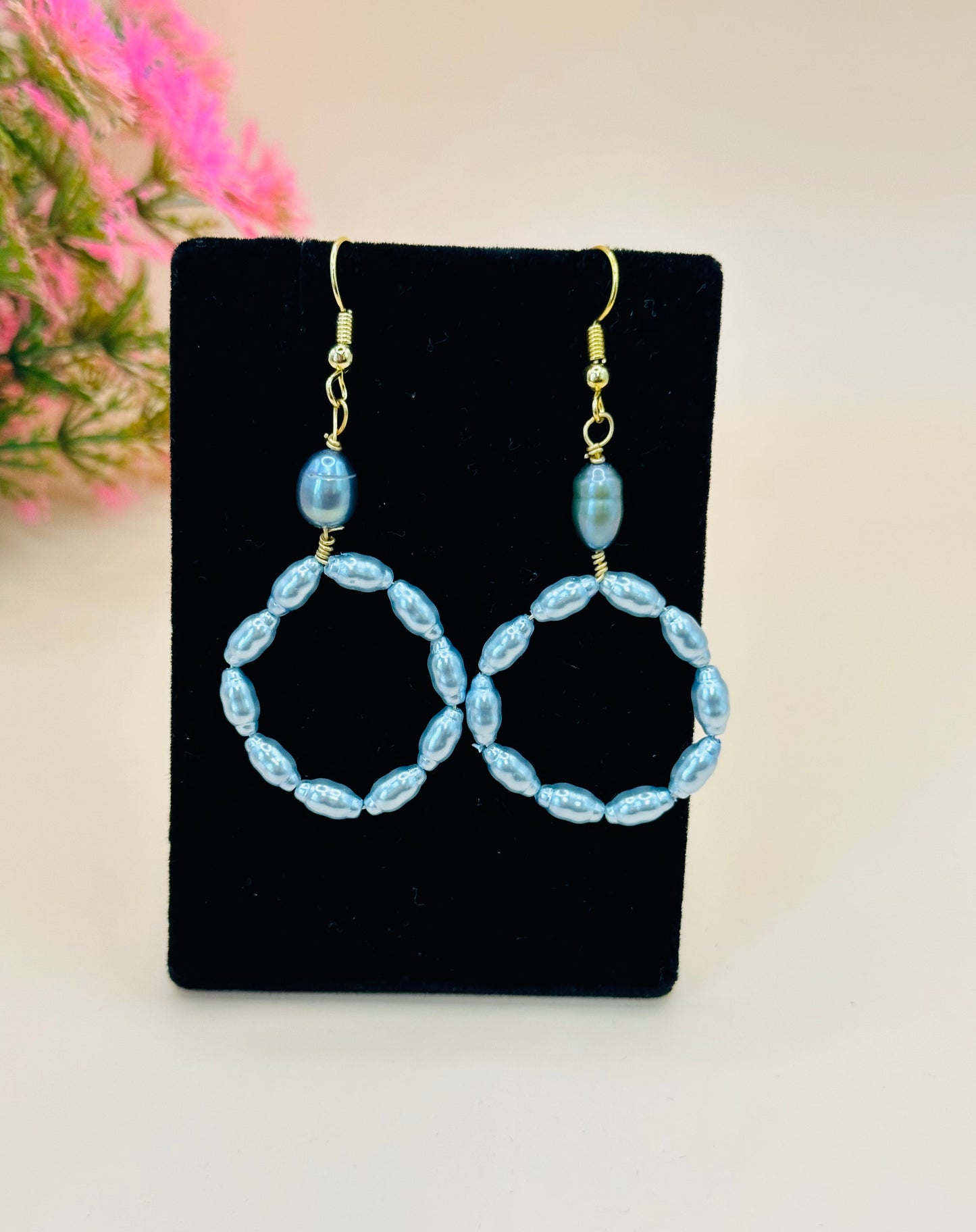 Small light blue pearls earrings E-25