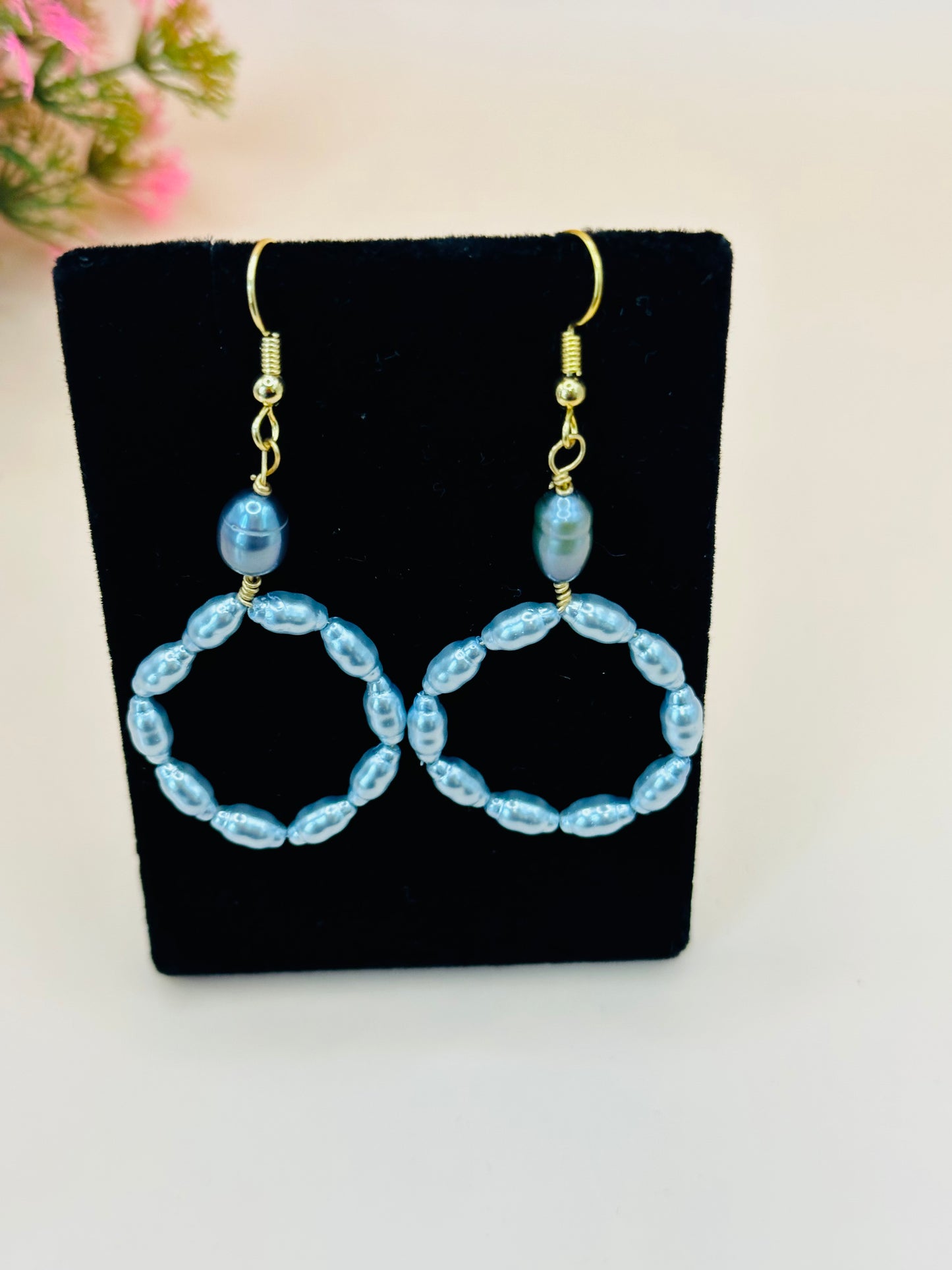 Small light blue pearls earrings E-25