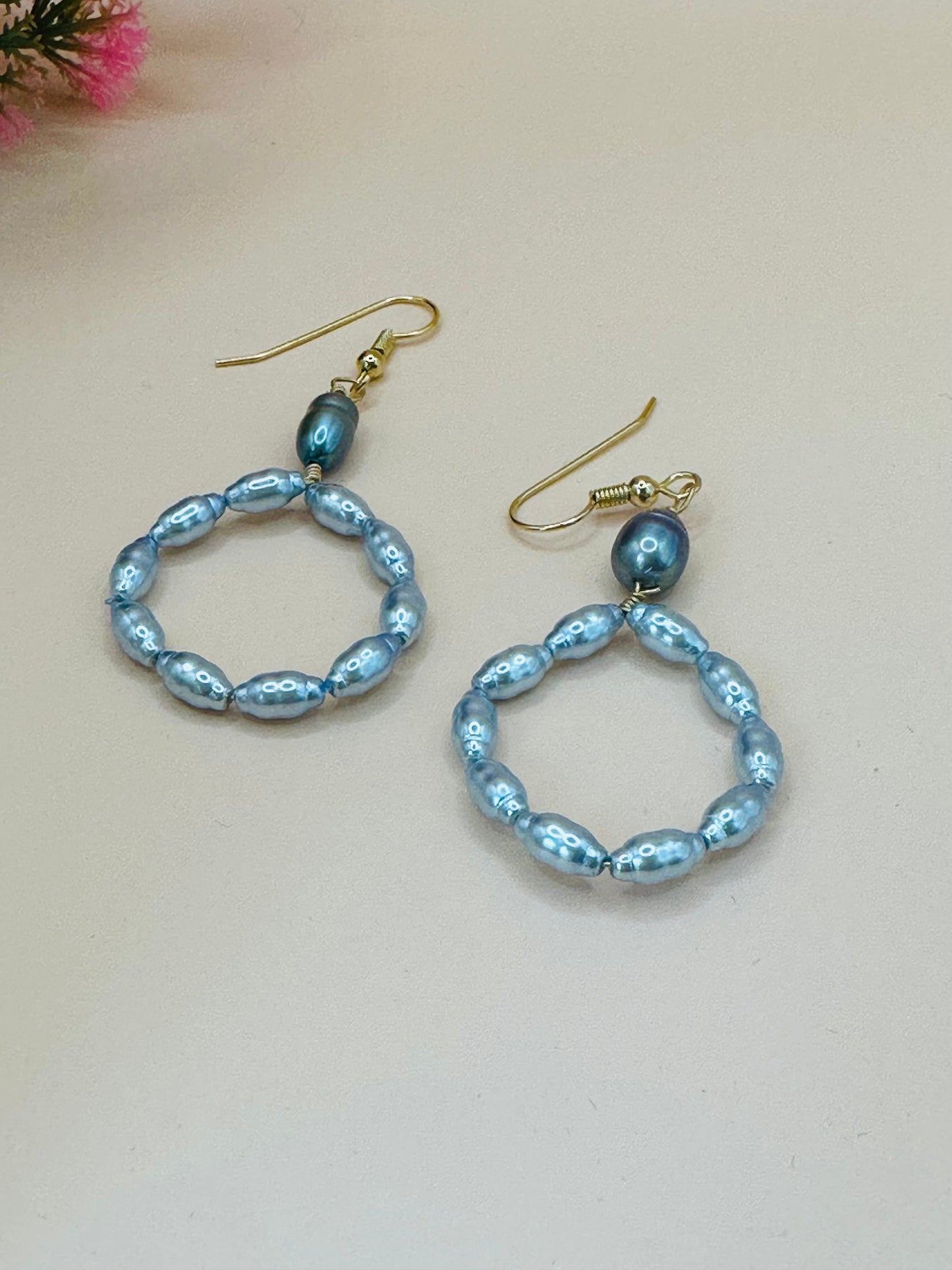 Small light blue pearls earrings E-25