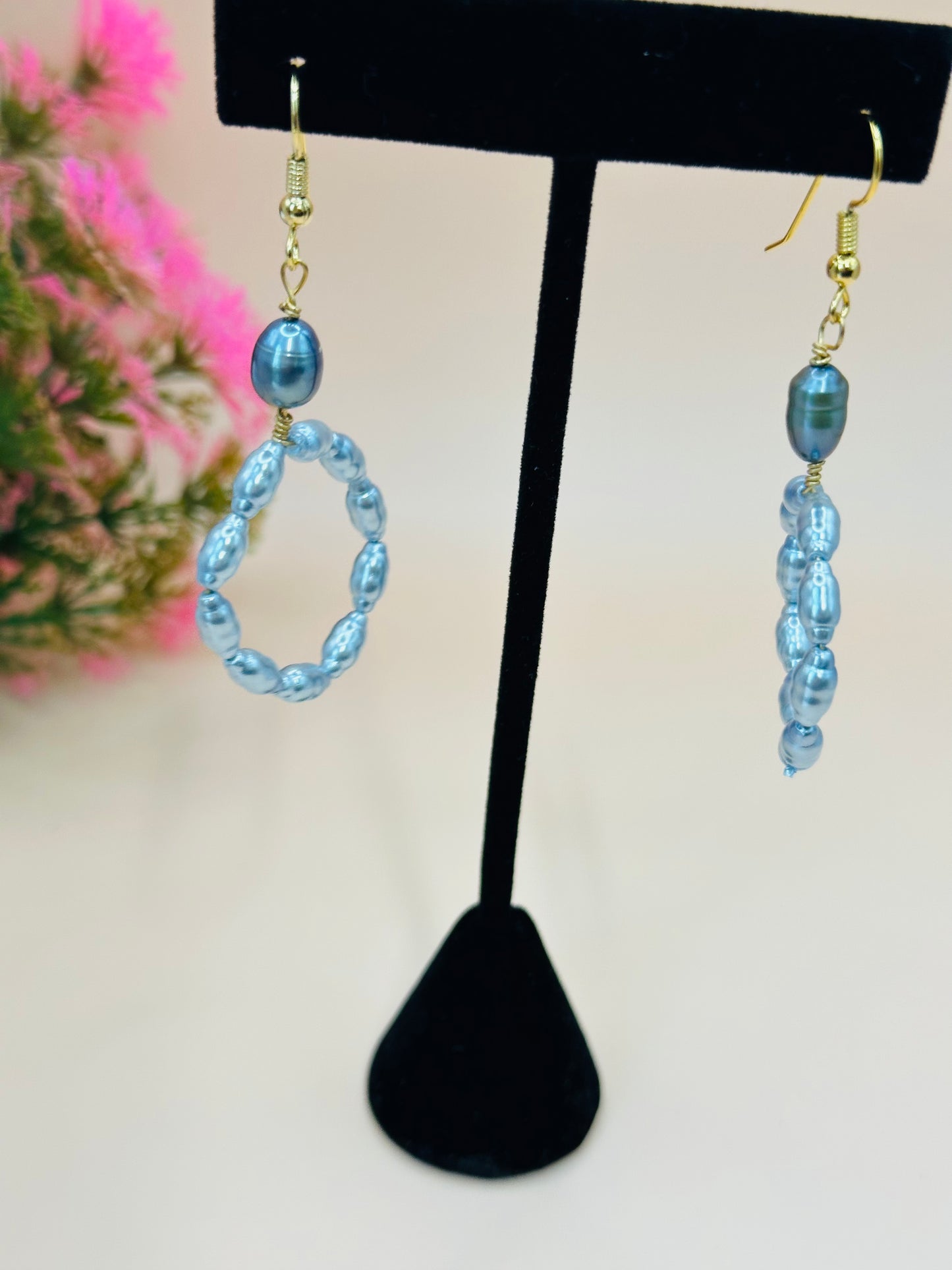 Small light blue pearls earrings E-25