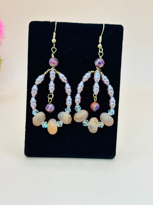 Druzy mix with lavender  pearls earrings E-257