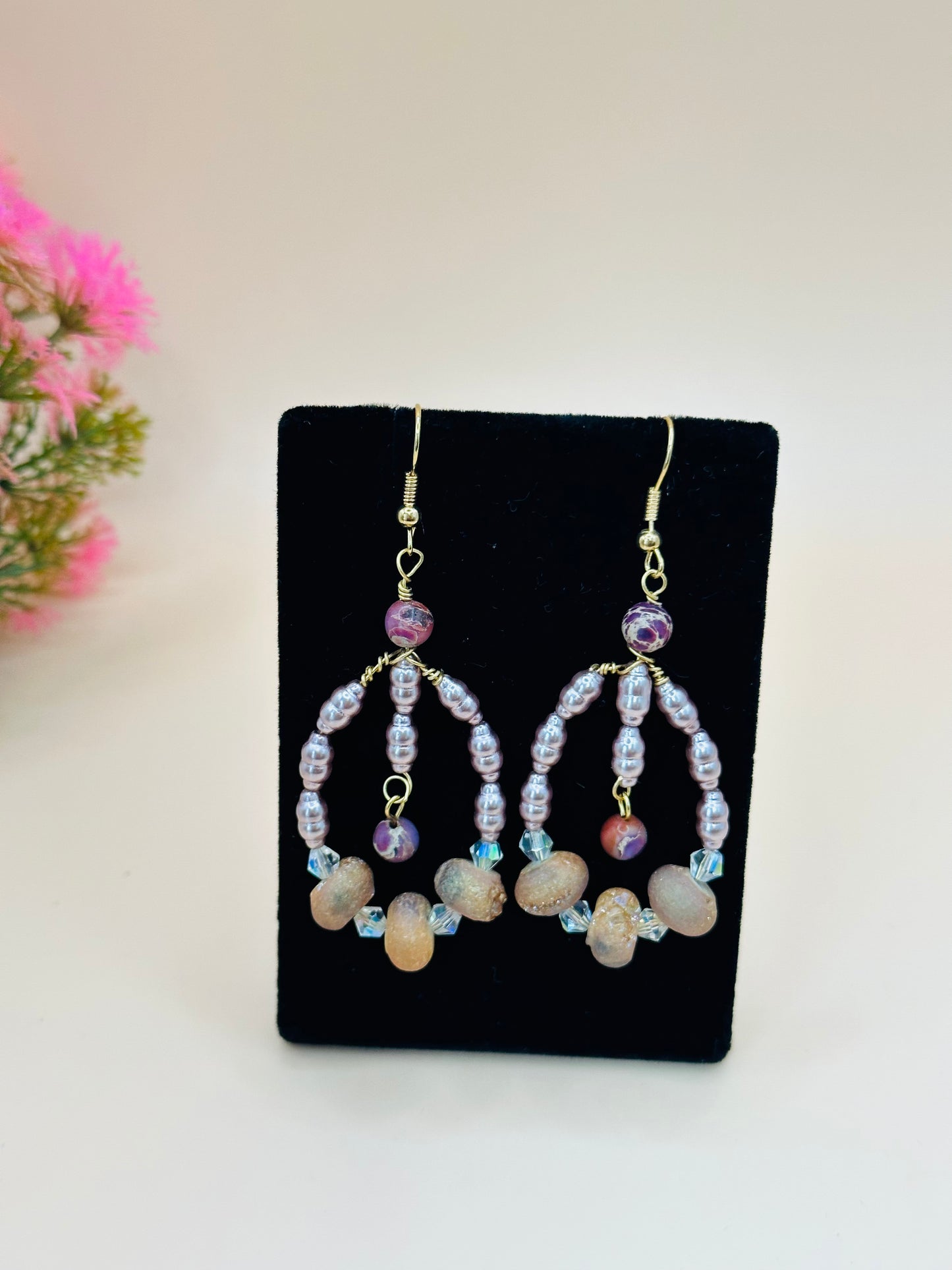 Druzy mix with lavender  pearls earrings E-257