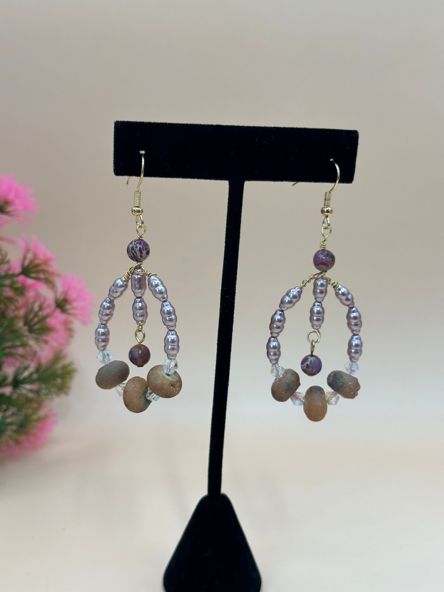 Druzy mix with lavender  pearls earrings E-257