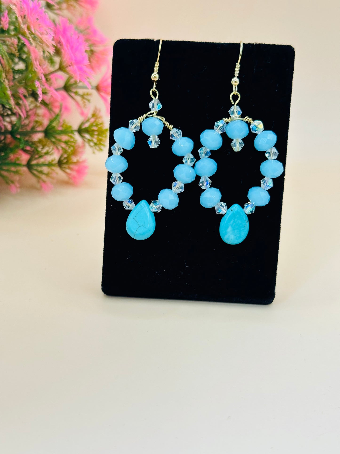 Turquoise drop with aqua glass earrings E-263