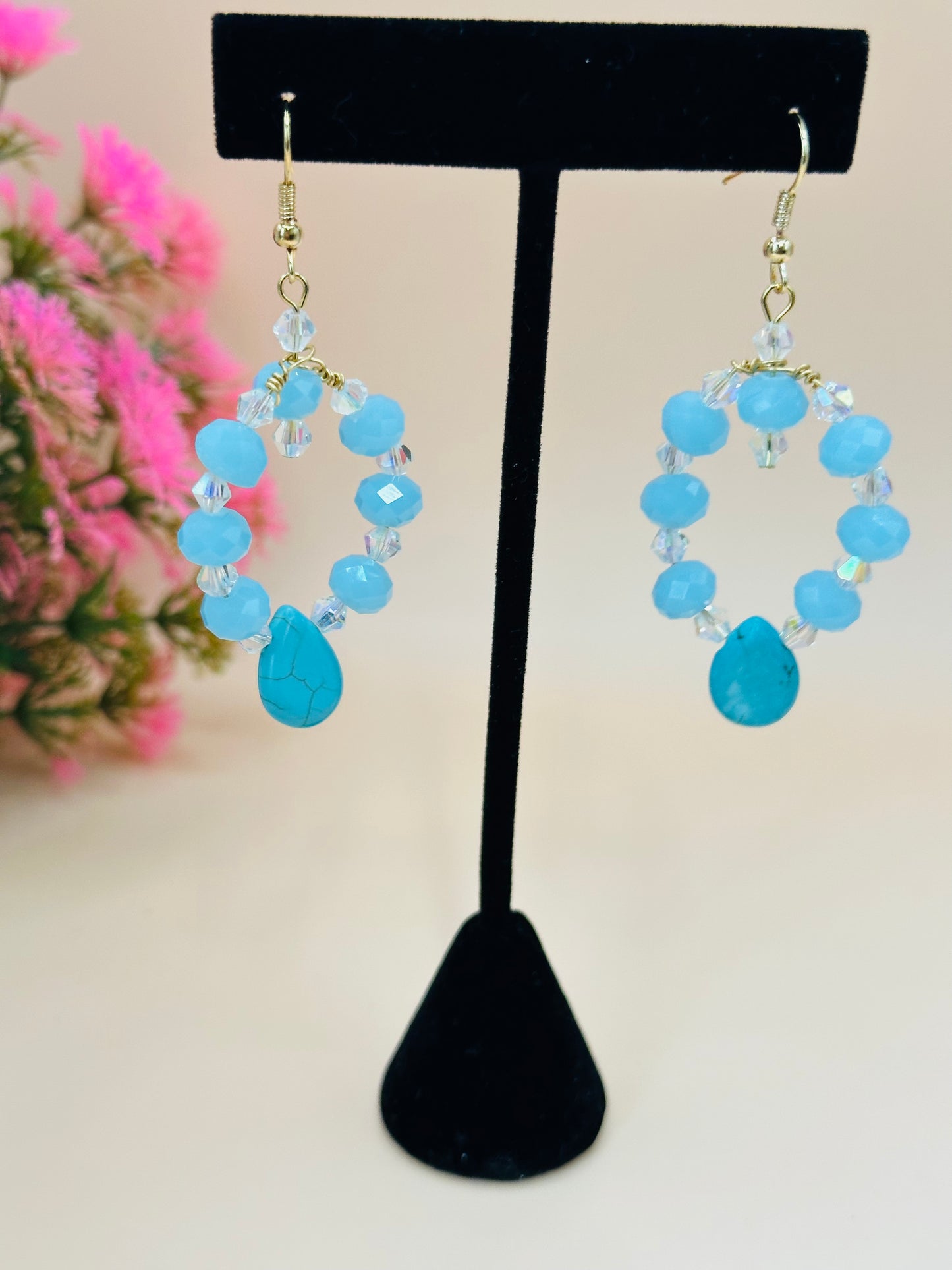 Turquoise drop with aqua glass earrings E-263