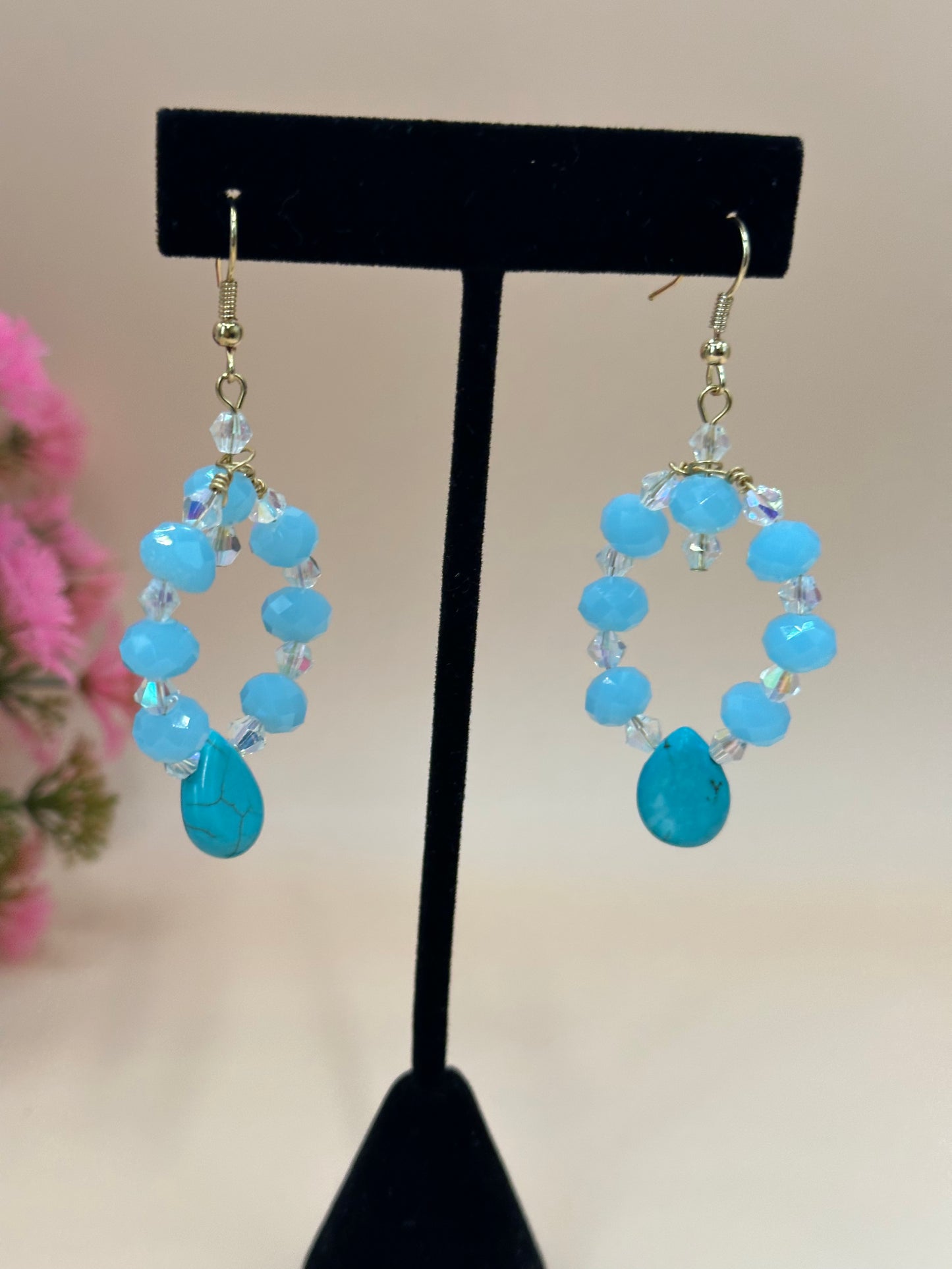 Turquoise drop with aqua glass earrings E-263