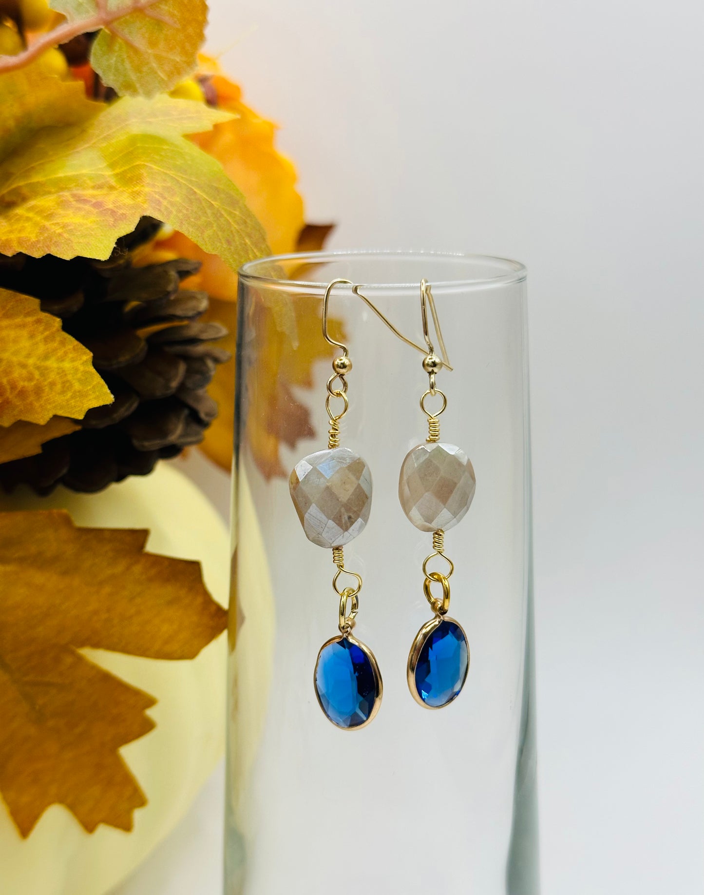 Moonstone with dark blue gold plated wrap charms earrings E-278