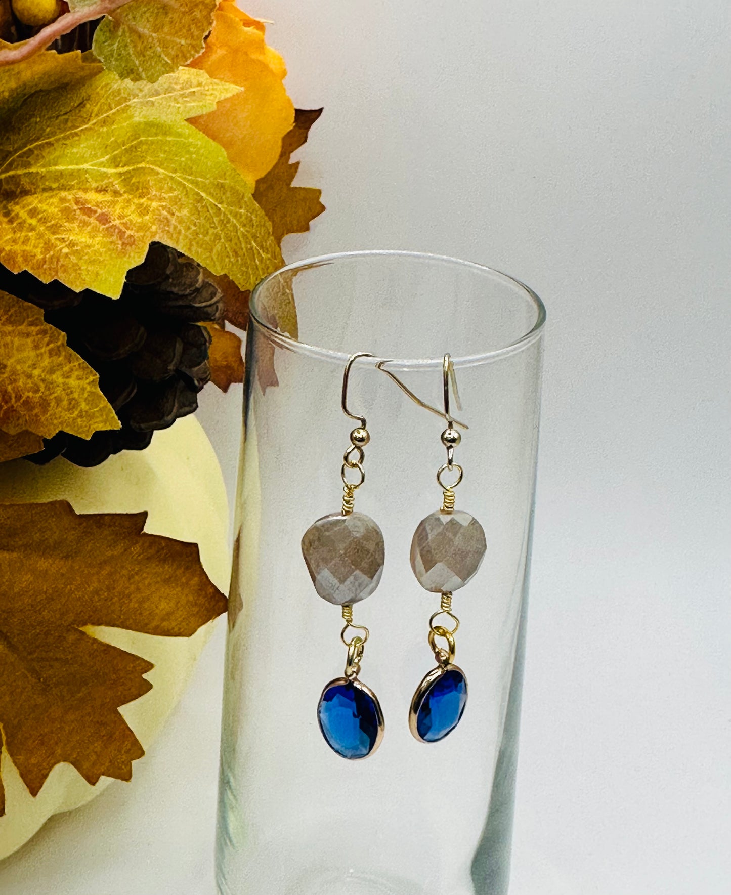 Moonstone with dark blue gold plated wrap charms earrings E-278