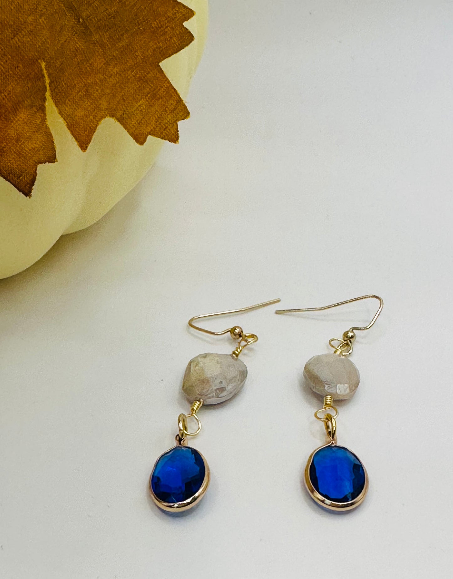 Moonstone with dark blue gold plated wrap charms earrings E-278