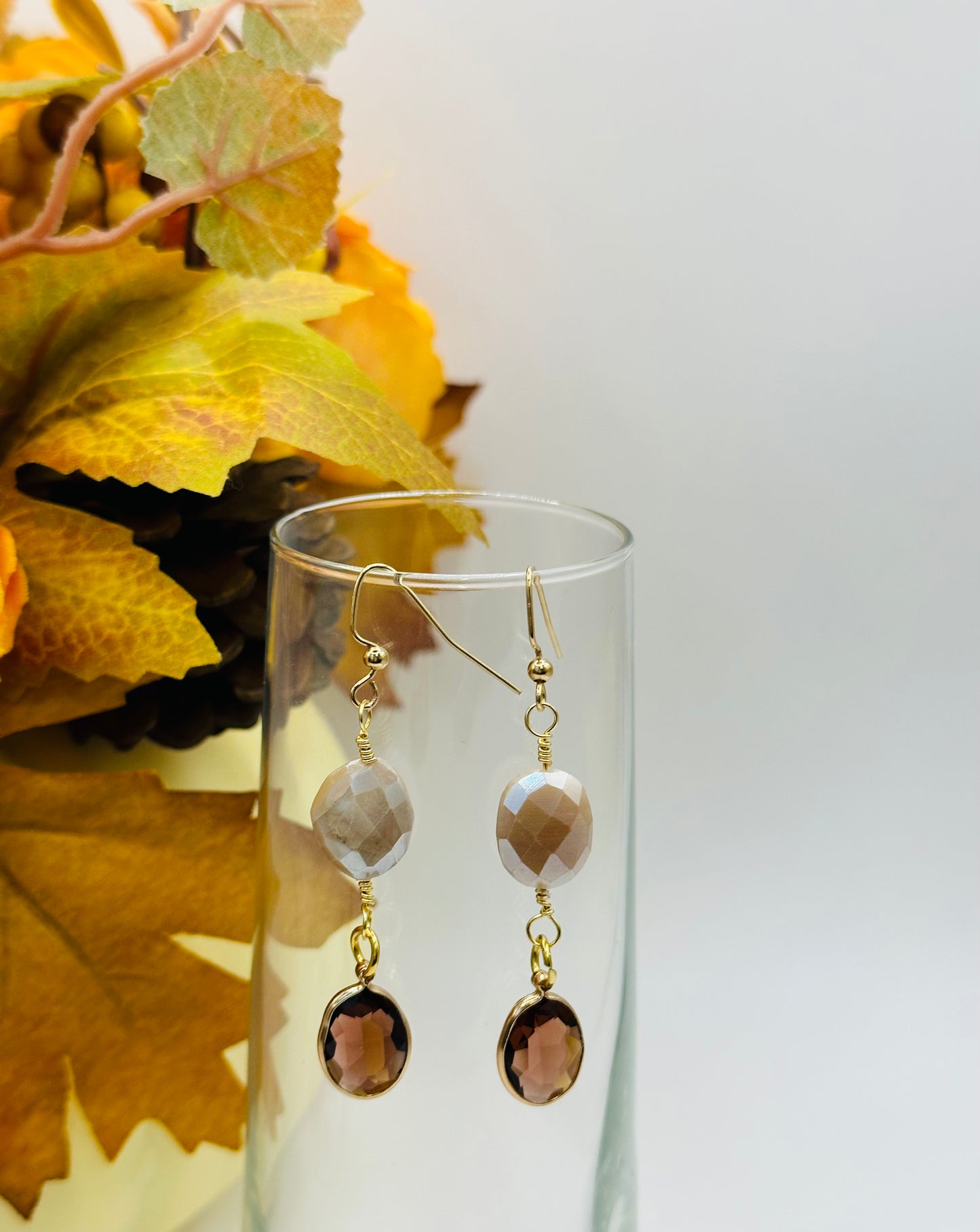 Moonstone with amber glass gold plated wrap earrings E-279