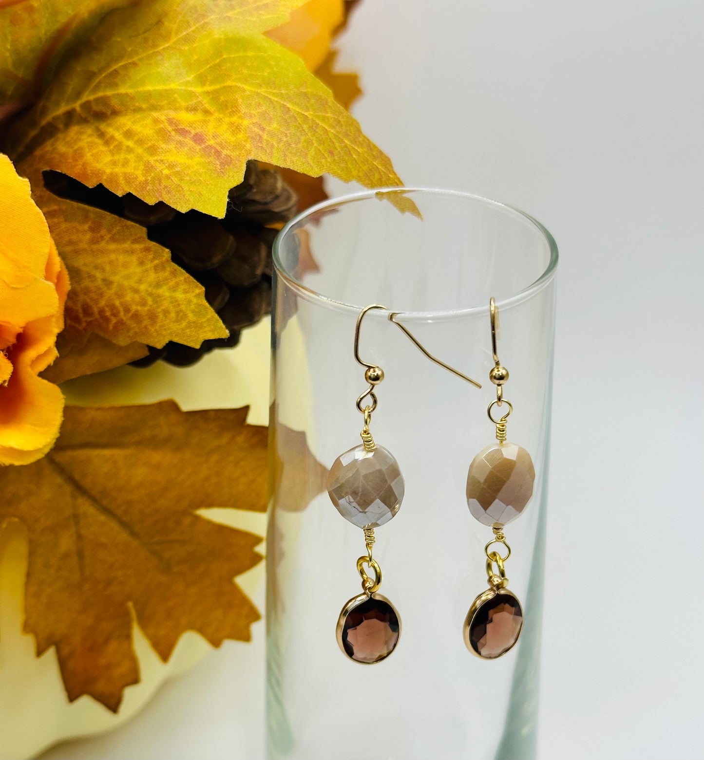 Moonstone with amber glass gold plated wrap earrings E-279