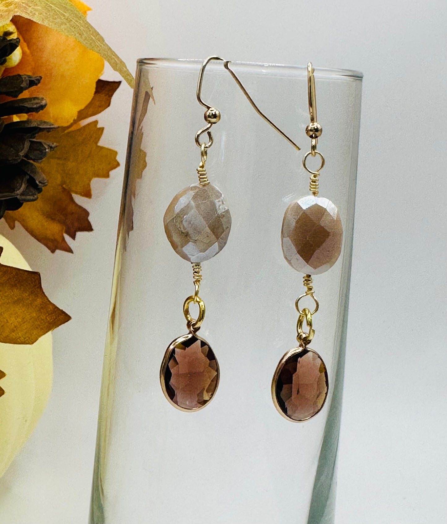 Moonstone with amber glass gold plated wrap earrings E-279