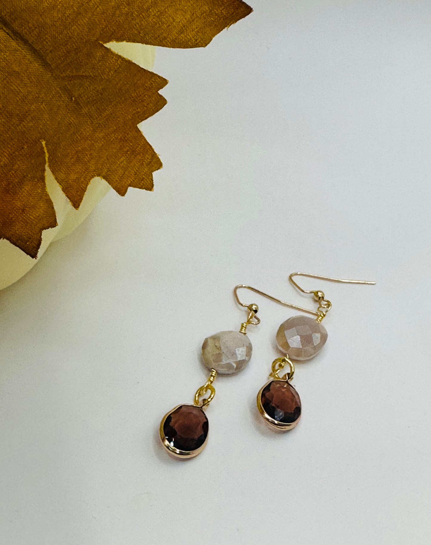 Moonstone with amber glass gold plated wrap earrings E-279