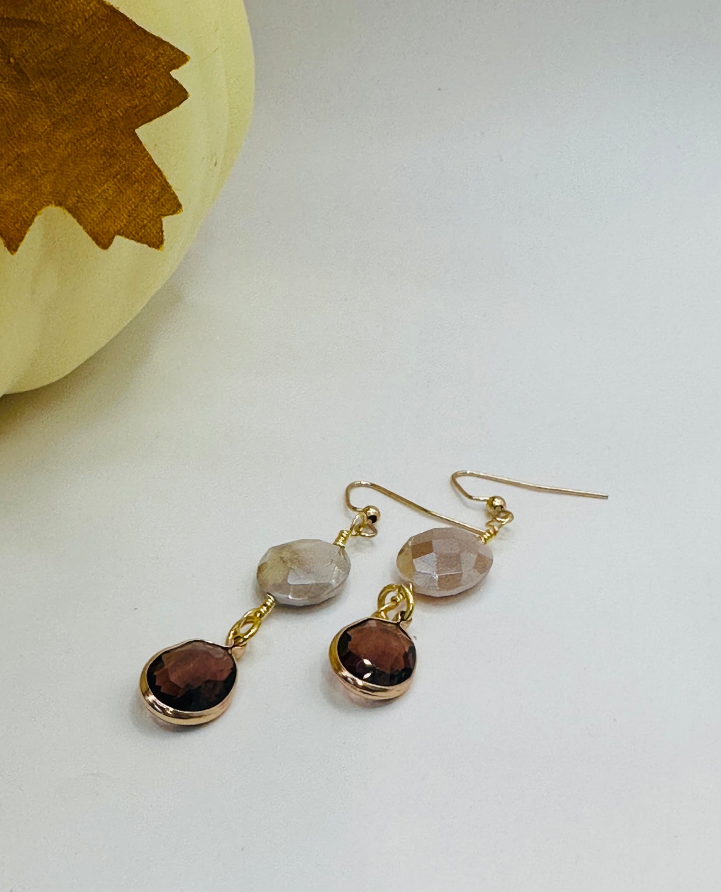 Moonstone with amber glass gold plated wrap earrings E-279