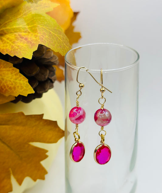 Purple faceted stone with magenta glass gold plated wrap charm earrings E-280