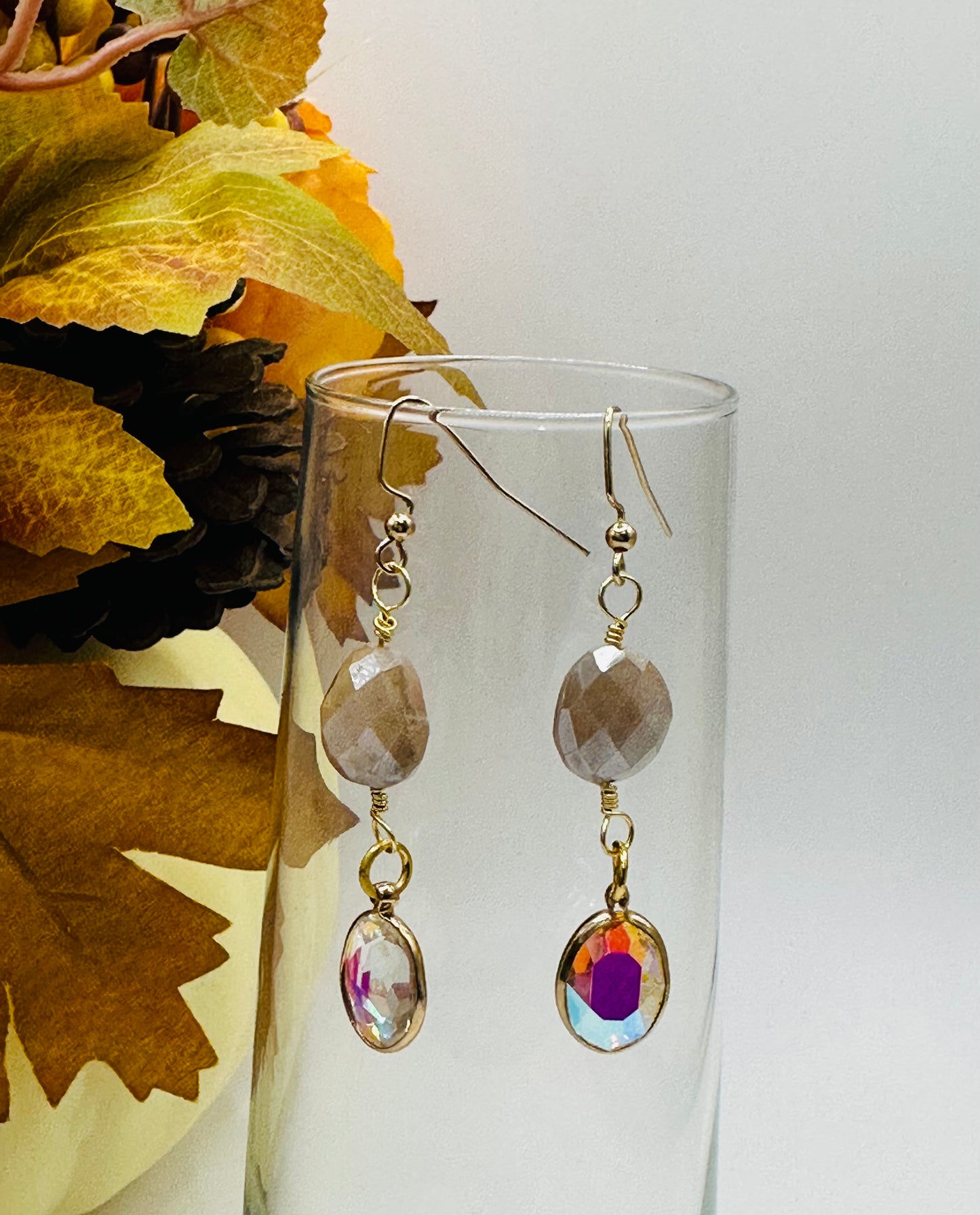 Moonstone with crystal gold wrap earrings E-281