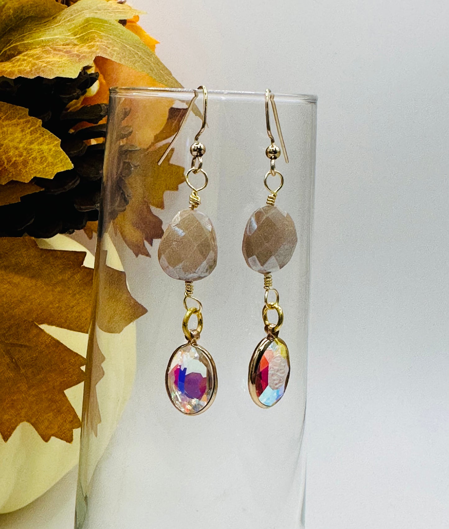 Moonstone with crystal gold wrap earrings E-281