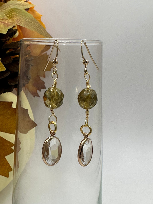 Czech beads gold faceted with crystal gold wrap charm earrings E-282