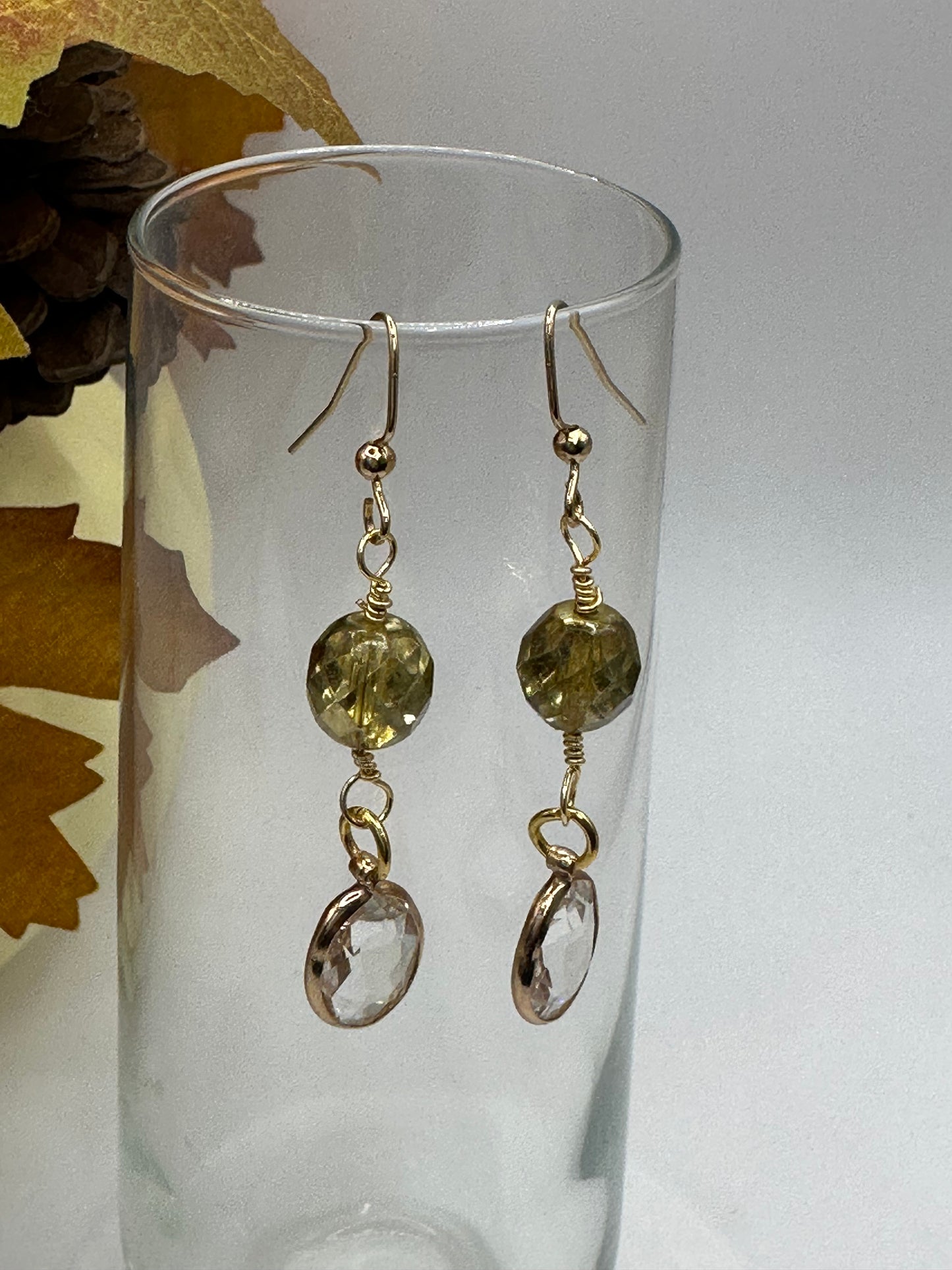 Czech beads gold faceted with crystal gold wrap charm earrings E-282