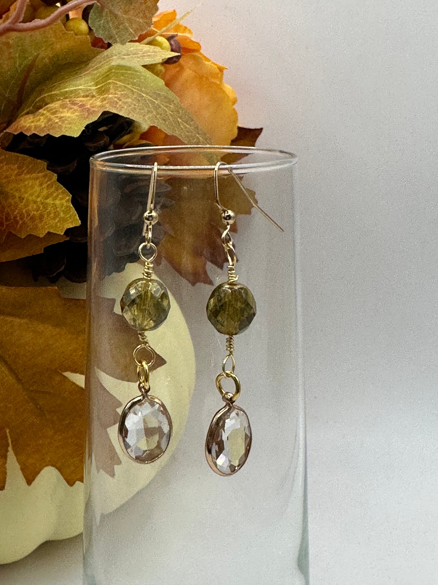 Czech beads gold faceted with crystal gold wrap charm earrings E-282