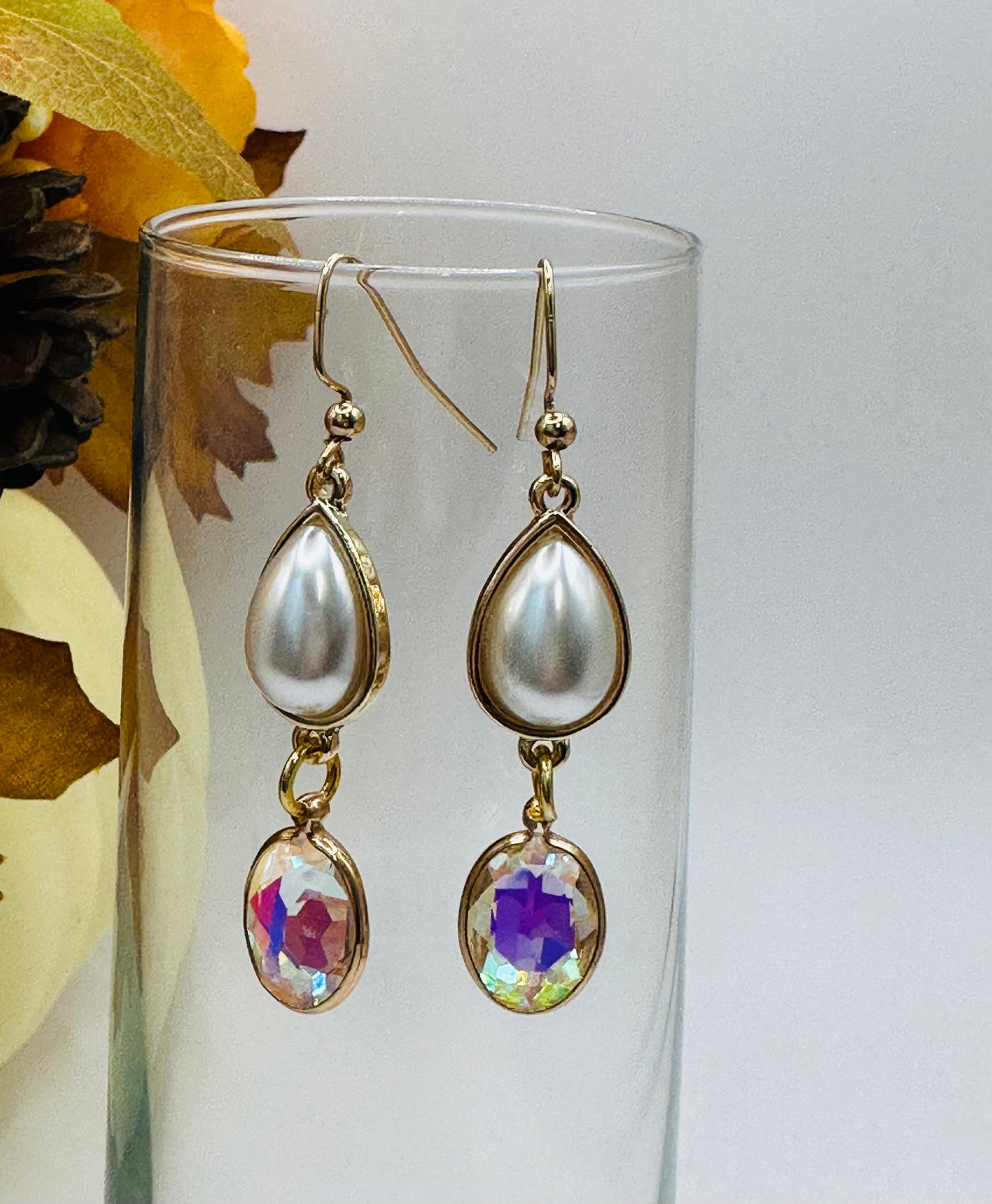 Pearl gold plated wrap with crystal charm earrings E-283